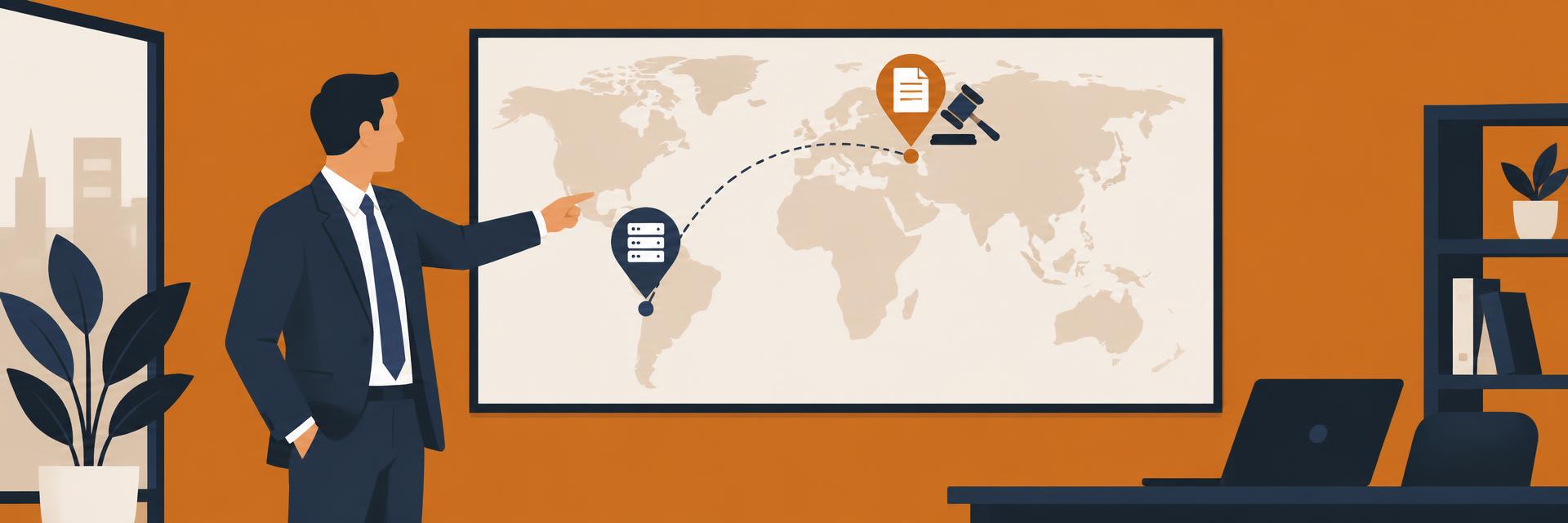 A business professional comparing data-center location with legal jurisdiction on a world map