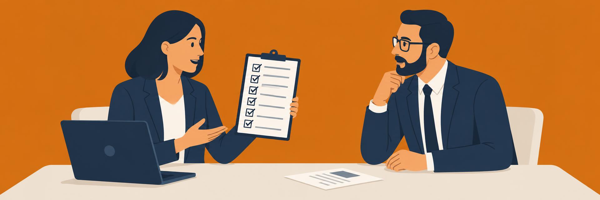 An enterprise buyer reviewing an eight-point security checklist with a software provider
