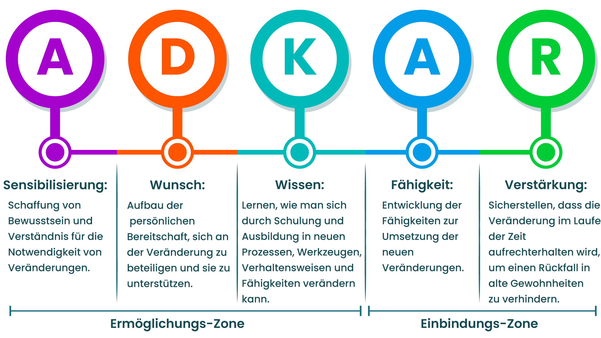 Diagramm des ADKAR-Modells mit fünf Phasen: Sensibilisierung, Wunsch, Wissen, Fähigkeit und Verstärkung