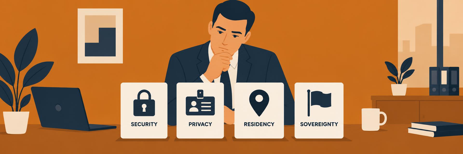 A business professional comparing data security, privacy, residency, and sovereignty