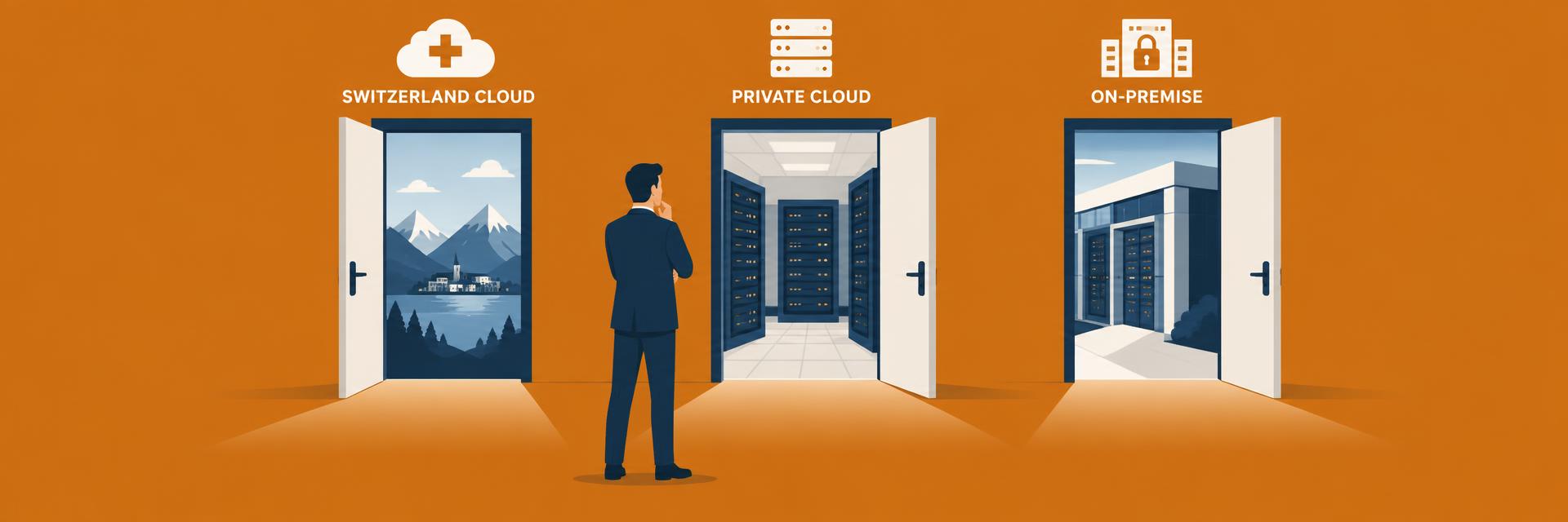 A business professional choosing between Switzerland cloud, private cloud, and on-premise deployment