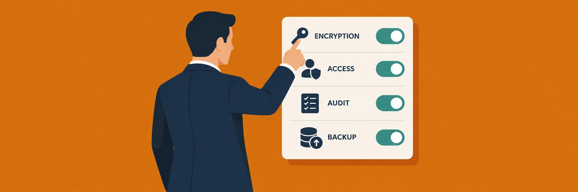A business professional managing encryption, access, audit, and backup controls