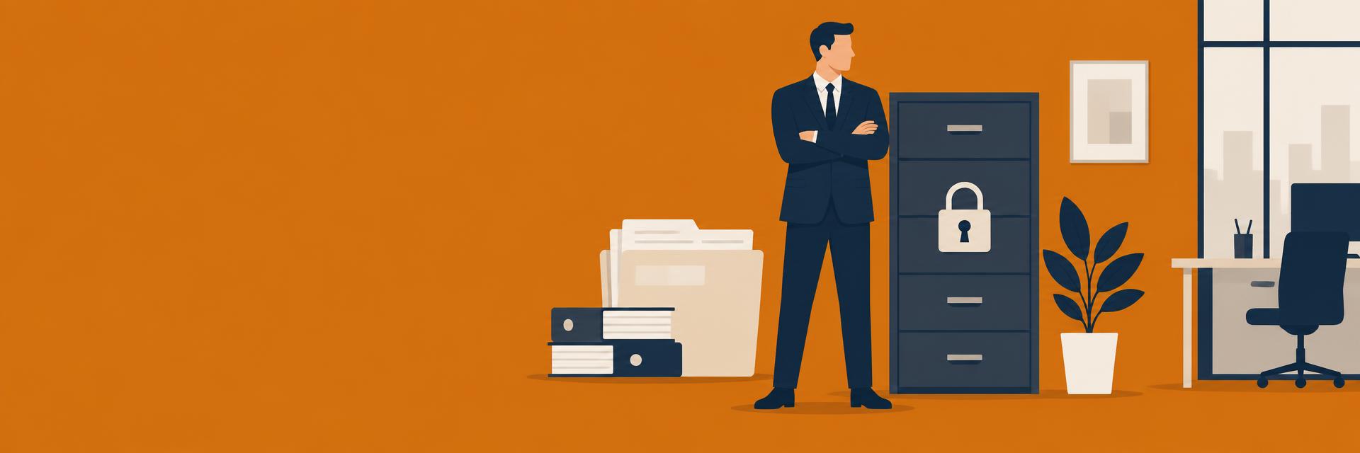 A business professional guarding confidential project folders and a locked filing cabinet