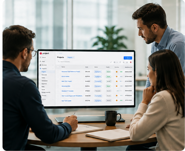 Team reviewing an enterprise project portfolio dashboard on a desktop monitor