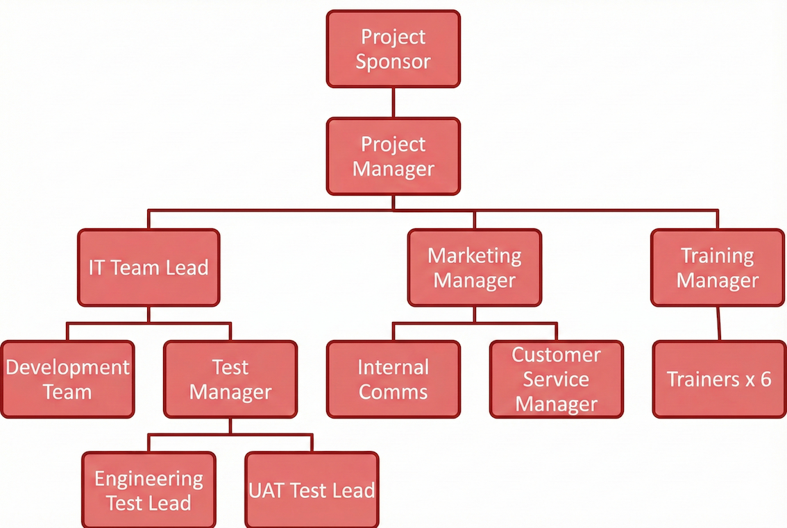 Simple project organization chart showing clear reporting lines between the project sponsor, project manager, and core team roles