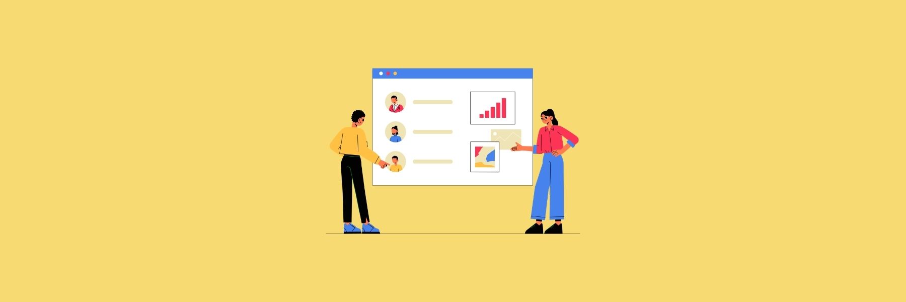 Two people reviewing a dashboard with charts and user profiles